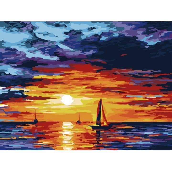 Tapyba pagal skaičius Ugningas saulėlydis su burlaiviais 30 × 40 cm