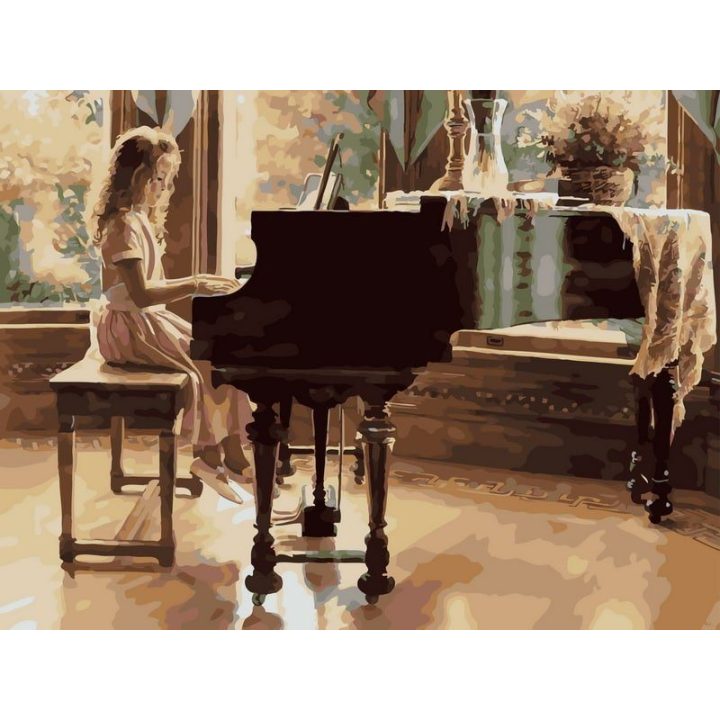 Tapyba pagal skaičius Mergina groja pianinu saulės šviesoje 30 × 40 cm