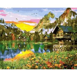 Tapyba pagal skaičius Ežero pakrantės kalnų nameliai saulėlydyje 40 × 50 cm