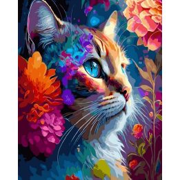 Tapyba pagal skaičius — Spalvingas gėlių katės portretas 40 × 50 cm