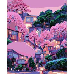 Tapyba pagal skaičius Japoniškas miestelis vyšnių žieduose 40 × 50 cm