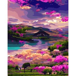 Tapyba pagal skaičius Rožinis kalnų slėnis su upe, 40 × 50 cm