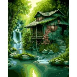 Tapyba pagal skaičius Miško namelis su kriokliu 40 × 50 cm