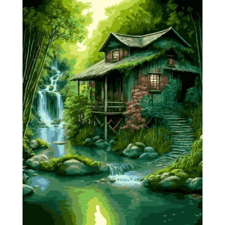 Tapyba pagal skaičius Miško namelis su kriokliu 40 × 50 cm