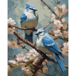 Tapyba pagal skaičius Mėlynieji paukščiai ant vyšnių žiedų, 40 × 50 cm