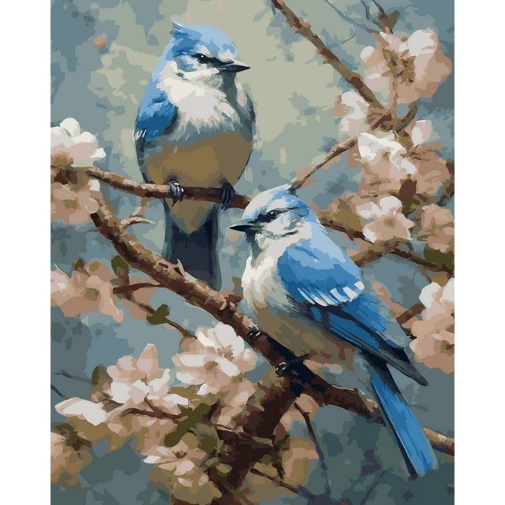 Tapyba pagal skaičius Mėlynieji paukščiai ant vyšnių žiedų, 40 × 50 cm