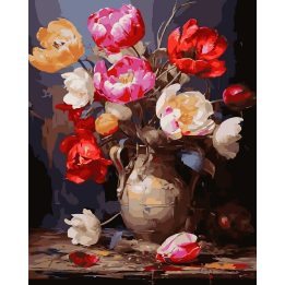 Tapyba pagal skaičius: raudonų ir rožinių bijūnų puokštė 40 × 50 cm