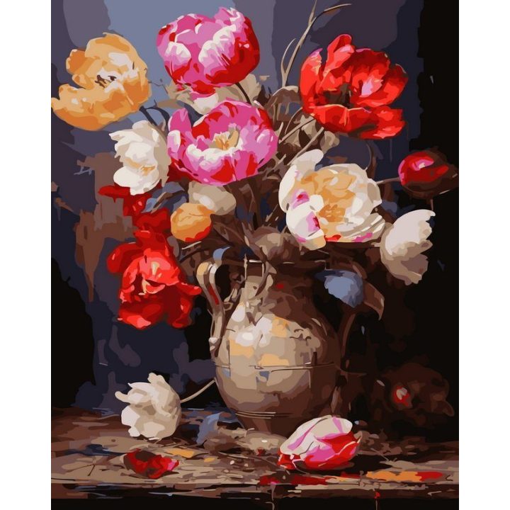Tapyba pagal skaičius: raudonų ir rožinių bijūnų puokštė 40 × 50 cm