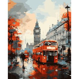 Tapyba pagal skaičius – raudonas dviaukštis autobusas Londono lietuje, 40 × 50 cm