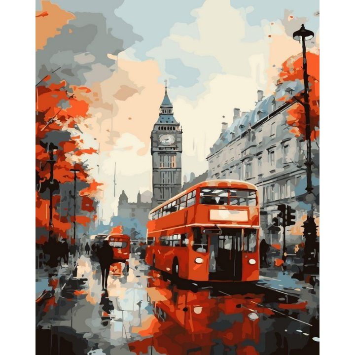 Tapyba pagal skaičius – raudonas dviaukštis autobusas Londono lietuje, 40 × 50 cm