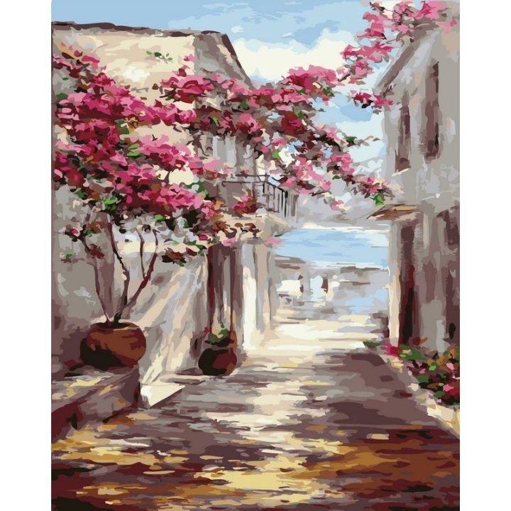 Tapyba pagal skaičius Viduržemio jūros alėja su bugenvilija 40 × 50 cm
