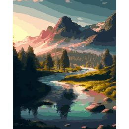 Tapyba pagal skaičius Kalnų upė saulėlydžio metu, 40 × 50 cm