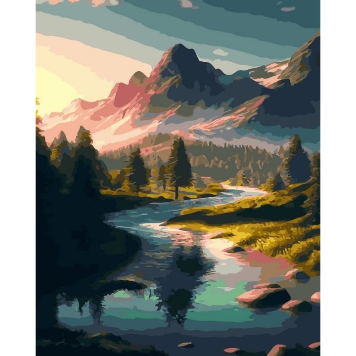 Tapyba pagal skaičius Kalnų upė saulėlydžio metu, 40 × 50 cm