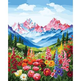 Tapyba pagal skaičius — Gėlės ir kalnų vaizdas, 40 × 50 cm