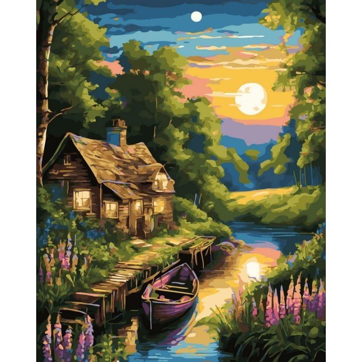 Tapyba pagal skaičius „Jaukus namelis prie upės naktį“ 40 × 50 cm