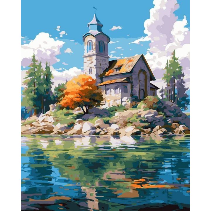 Tapyba pagal skaičius Ežero pakrantės akmeninės bažnyčios atspindys 40 × 50 cm