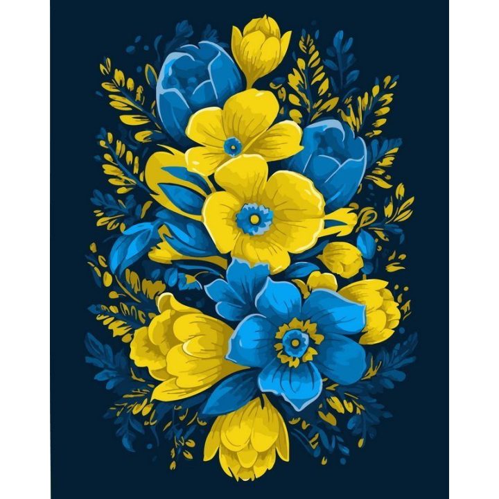 Tapyba pagal skaičius — mėlynos ir geltonos gėlių kompozicija 40 × 50 cm