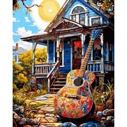 Tapyba pagal skaičius Gitara prie kaimo namų 40 × 50 cm