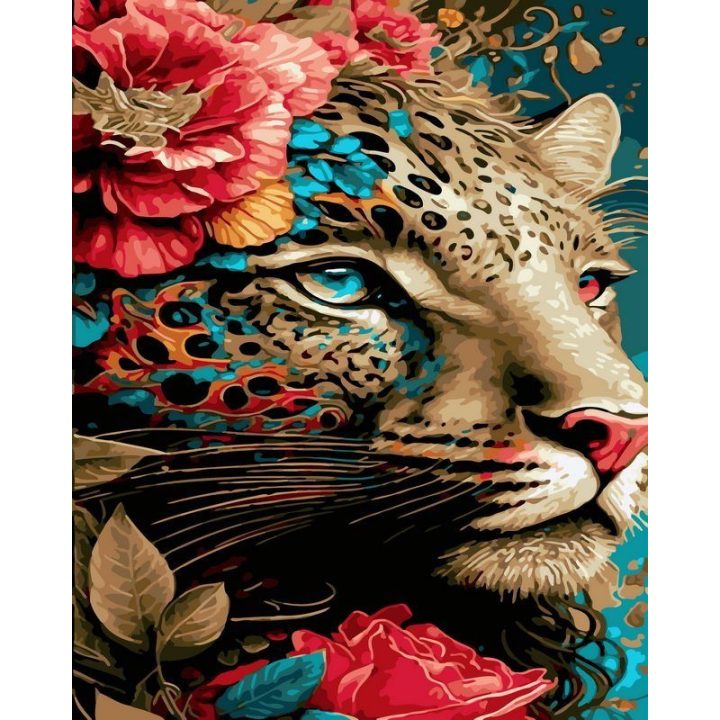 Tapyba pagal skaičius: Leopardas gėlių džiunglėse 40 × 50 cm