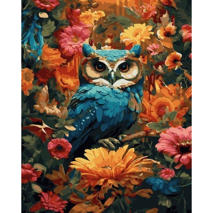 Pelėda rudens gėlėse – tapyba pagal skaičius, 40 × 50 cm