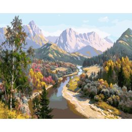 Tapyba pagal skaičius Kalnų upės slėnio kraštovaizdis 40 × 50 cm