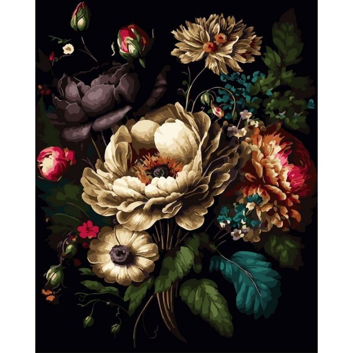 Vintažinis tamsus gėlių natiurmortas — tapyba pagal skaičius, 40 × 50 cm