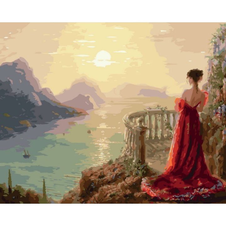 Tapyba pagal skaičius 40 × 50 cm — moteris raudonoje suknelėje