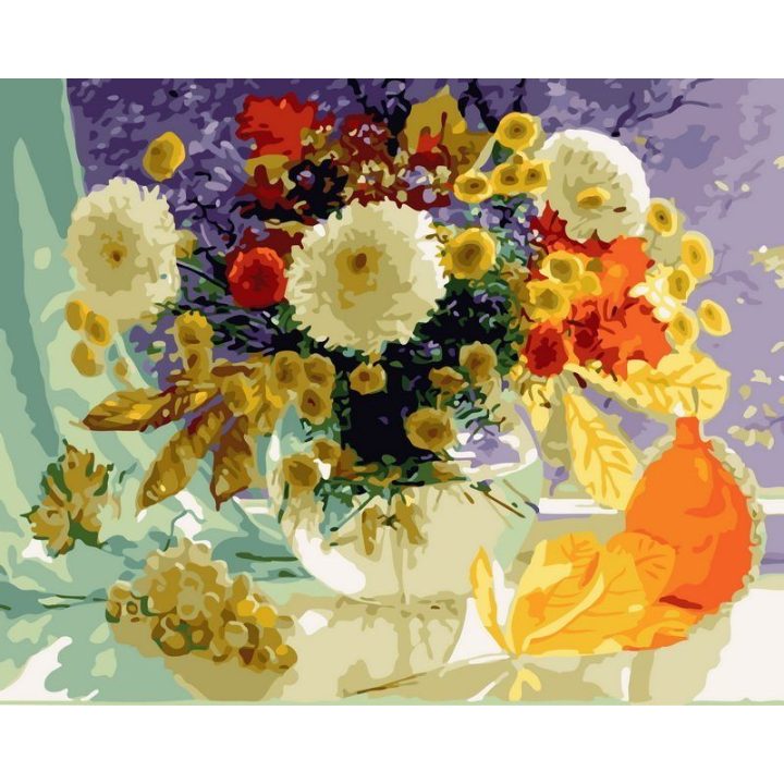 Tapyba pagal skaičius Rudens gėlių natiurmortas su moliūgais 40 × 50 cm