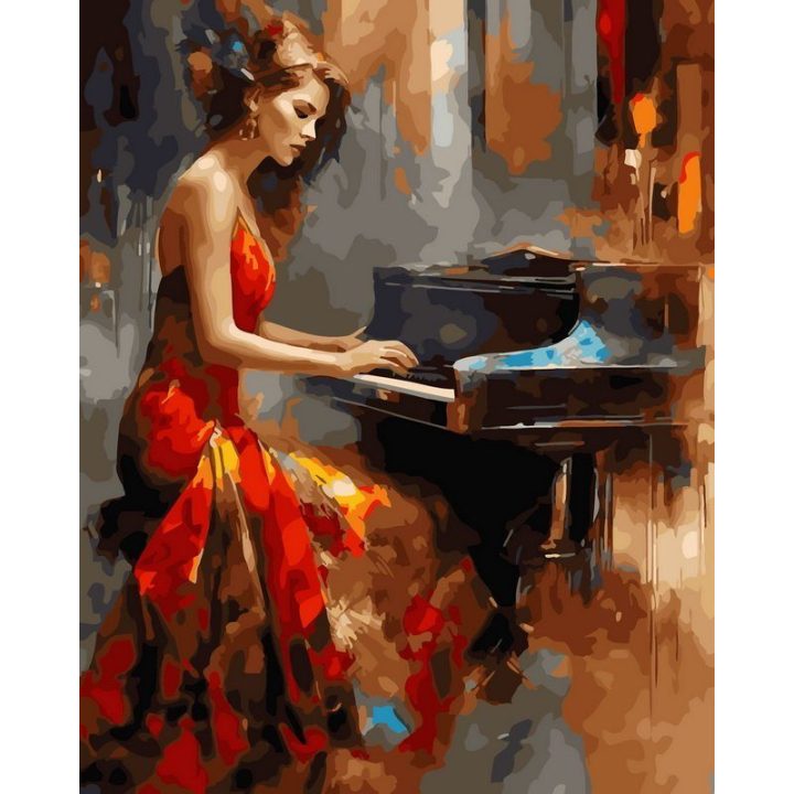 Tapyba pagal skaičius — moteris grojanti pianinu, raudona suknelė, 40 × 50 cm