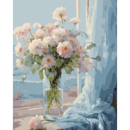 Tapyba pagal skaičius Švelnios pastelinės gėlės prie lango 40 × 50 cm