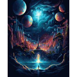 Kosminės fantazijos „Planetų slėnis“ – tapyba pagal skaičius 40 × 50 cm