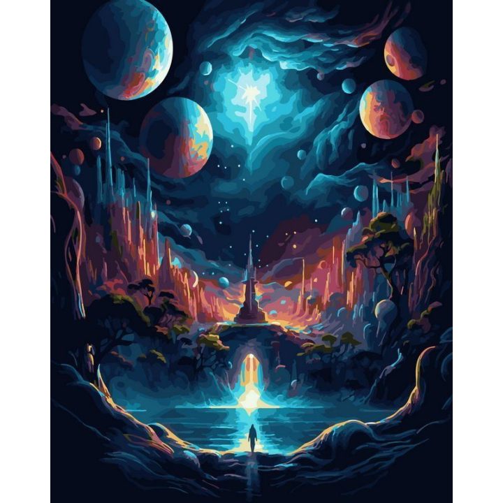 Kosminės fantazijos „Planetų slėnis“ – tapyba pagal skaičius 40 × 50 cm