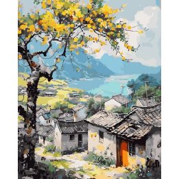 Tapyba pagal skaičius Rudens kaimas prie ežero 40 × 50 cm