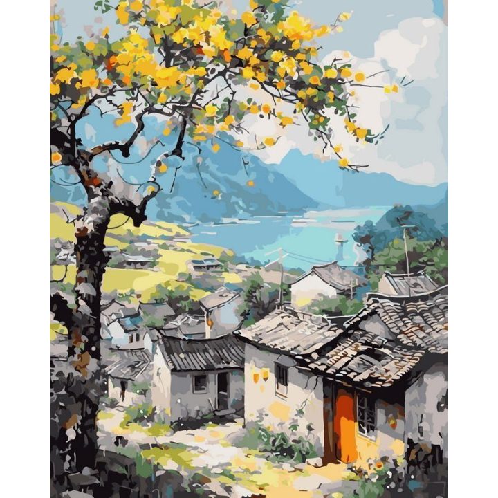 Tapyba pagal skaičius Rudens kaimas prie ežero 40 × 50 cm