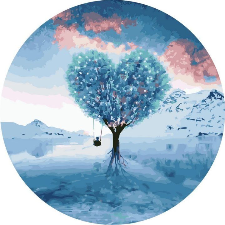 Širdies formos medis prie ežero — tapyba pagal skaičius, 40 × 40 cm