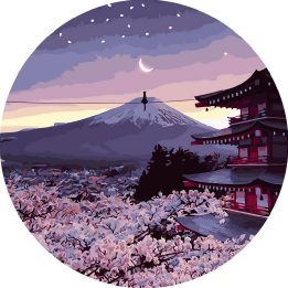 Tapyba pagal skaičius „Mėnulio apšviesta sakura ir Fudžio kalnas“ 40×40 cm