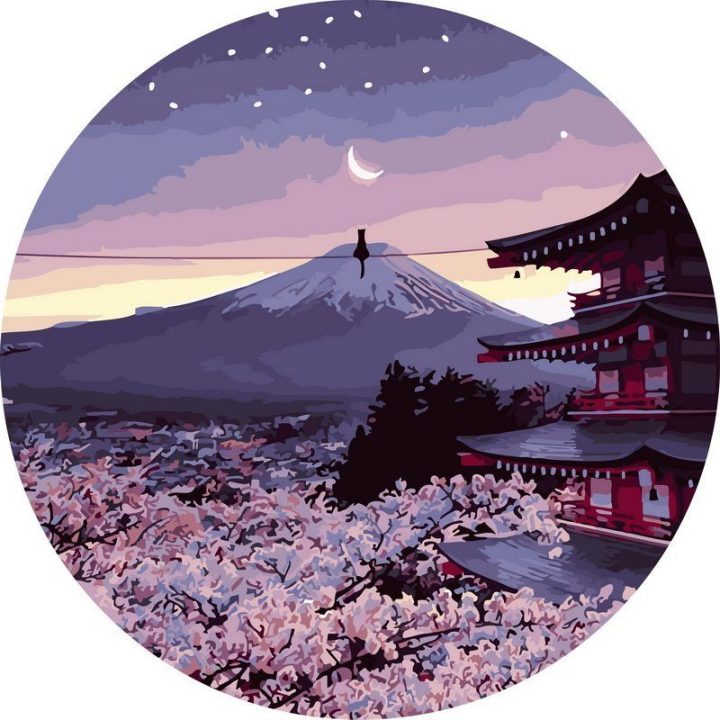 Tapyba pagal skaičius „Mėnulio apšviesta sakura ir Fudžio kalnas“ 40×40 cm