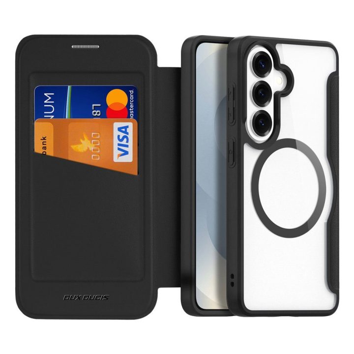Dėklas Samsung Galaxy S26+ iš dirbtinės odos, juodas Dux Ducis