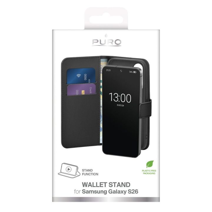 Dėklas telefonui Samsung Galaxy S26 su kortelių skyriumi, juodas Puro