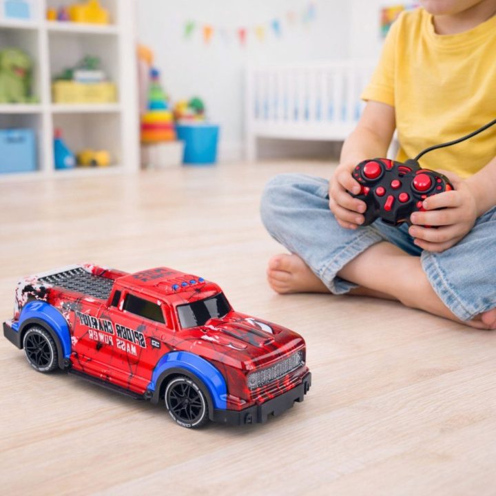 Vaikiškas nuotolinio valdymo bekelės automobilis su šviesos efektais