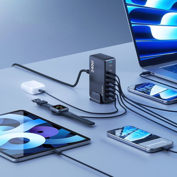 Įkrovimo stotis 240W GaN, USB-C PD 100W Wozinsky