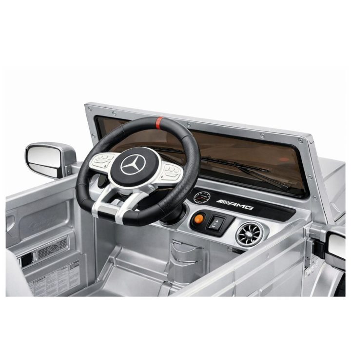 Sidabrinis akumuliatorinis Mercedes AMG G 63 elektrinis automobilis vaikams