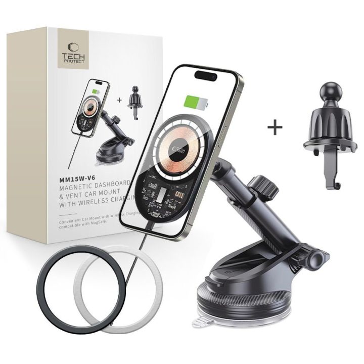 Tech‑Protect MM15W‑V6 magnetinis automobilinis laikiklis su MagSafe, juodas
