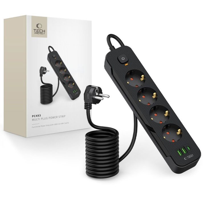 Tech‑Protect PCL4X3 maitinimo juosta, 4 lizdai + 2×USB‑A + 1×USB‑C, 200 cm, juoda