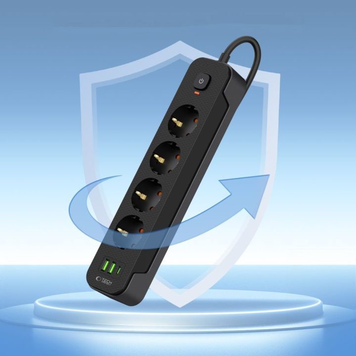 Tech‑Protect PCL4X3 maitinimo juosta, 4 lizdai + 2×USB‑A + 1×USB‑C, 200 cm, juoda
