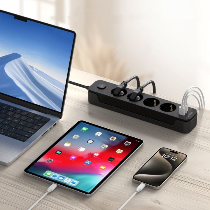 Tech‑Protect PCL4X3 maitinimo juosta, 4 lizdai + 2×USB‑A + 1×USB‑C, 200 cm, juoda