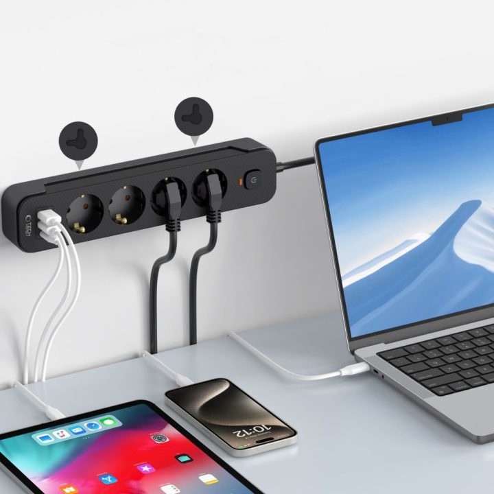 Tech‑Protect PCL4X3 maitinimo juosta, 4 lizdai + 2×USB‑A + 1×USB‑C, 200 cm, juoda