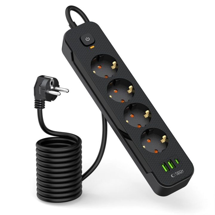 Tech‑Protect PCL4X3 maitinimo juosta, 4 lizdai + 2×USB‑A + 1×USB‑C, 200 cm, juoda