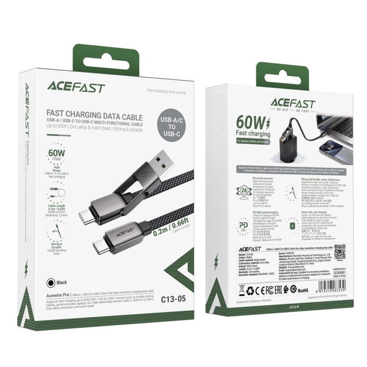 Acefast C13-05 USB-C–USB-A / USB-C kabelis, juodas 0,2 m