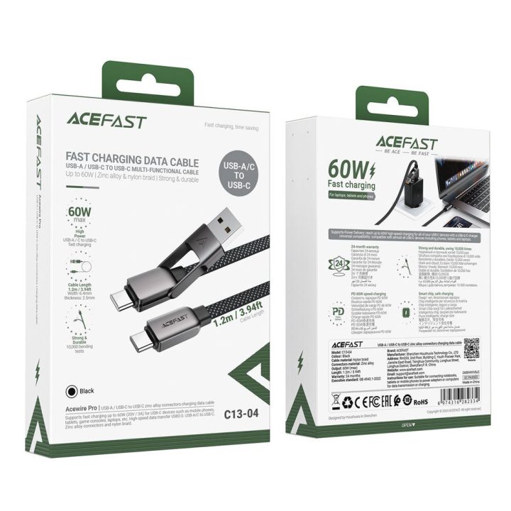 Acefast C13-04 USB‑C ↔ USB‑A laidas, 1.2 m, 3A, juodas